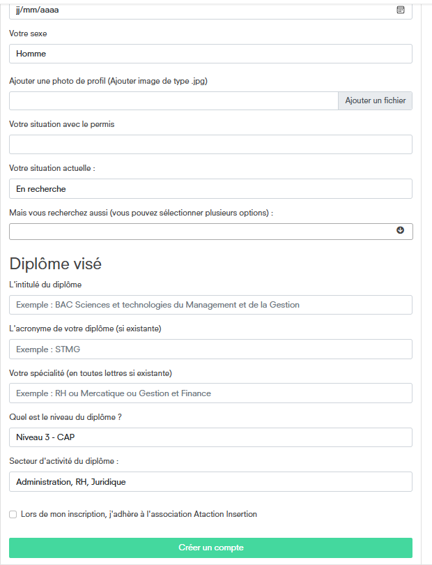 Formulaire création de compte